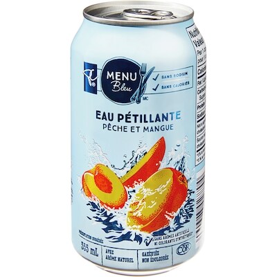 Eau pétillante à saveur de pêche et mangue, caisse de 12 canettes