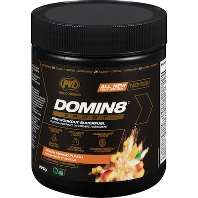 PVL Essentials Domin8 sport supercarburant de pré-entraînement punch pêche et mangue 225 g, 12,44 $/100g
