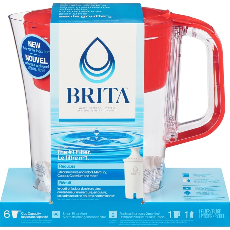 Small 6 Cup Water Filter Pitcher with 1 Standard Filter, Made Without BPA, Denali, Red
