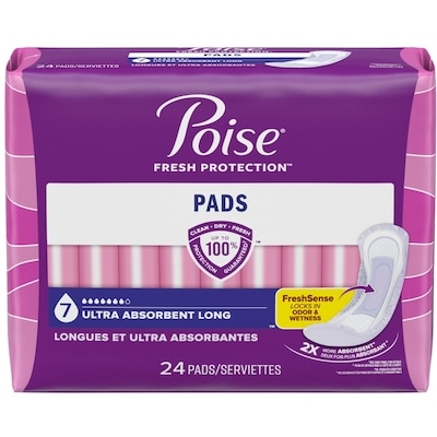 Poise Serviettes d’incontinence pour femmes, degré d’absorption 7, ultra-absorption, longueur longue, 24 unités 24 ea, 0,81 $/1ch