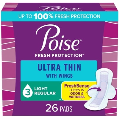 Poise Ultra Thin Incontinence Pads with Wings & Postpartum Incontinence Pads, 3 Drop Light Absorbency, Regular Length, 26 Count  26 ea, $0.35/1ea