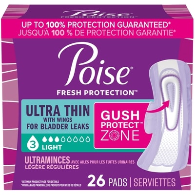 Poise Ultra Thin Incontinence & Postpartum Pads with Wings for Bladder Leaks, 3 Drop Light Absorbency, Regular Length, 26 Count 26 ea, $0.35/1ea