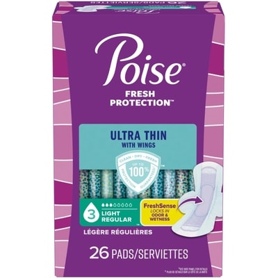 Poise Serviettes d’incontinence ultraminces pour femmes, degré d’absorption 3, absorption légère, longueur régulière, 26 unités 26 ea, 0,35 $/1ch