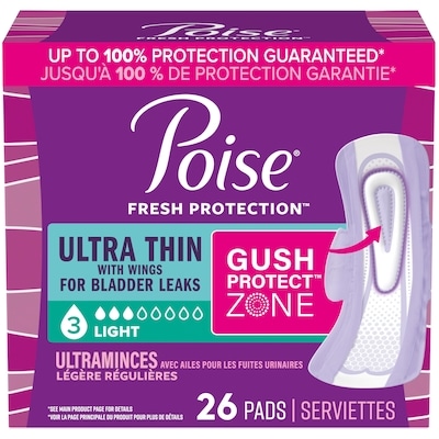Poise Serviettes avec ailes ultraminces d’incontinence et d’incontinence en période post-partum pour fuites urinaires, degré d’absorption léger à 3 gouttes, longueur régulière, 26 unités 26 ea, 0,31 $/1ch