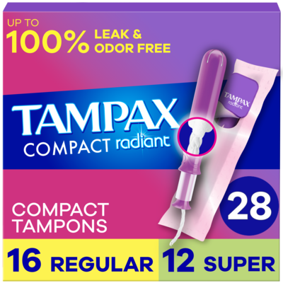 Tampax Compact Radiant Tampons Multipack, with LeakGuard Braid & Extendable Applicator, Regular/Super 28 Ct 28 ea, $0.46/1ea