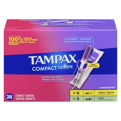 Tampax Tampons Pocket Radiant compacts avec applicateur en plastique et tresse anti-fuites LeakGuard, emballage duo avec degrés d’absorption régulier et super, non parfumés, 28 tampons 28 ea, 0,43 $/1ch