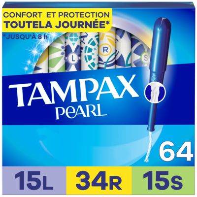 Tampax Tampons Pearl avec tresse anti-fuites LeakGuard, degré d’absorption léger/régulier/super, emballage triple, non parfumés, 64 tampons. 64 ea, 0,29 $/1ch