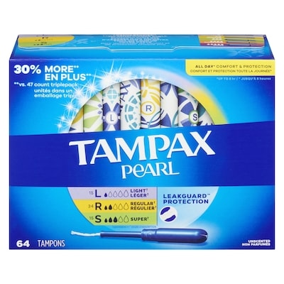 Tampax Tampons Pearl avec tresse anti-fuites LeakGuard, degré d’absorption léger/régulier/super, emballage triple, non parfumés, 64 tampons. 64 ea, 0,34 $/1ch
