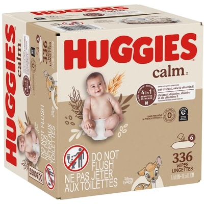 Lingettes pour bébés Calm, non parfumées, 6&nbsp;emballages à bouton-poussoir (total de 336&nbsp;lingettes)