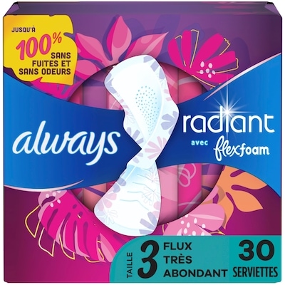 Always Serviettes Radiant, flux abondant, avec ailes, pour femmes, taille 3, parfum net et léger, 30 serviettes 30 ea, 0,60 $/1ch