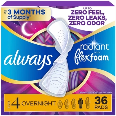 Always Radiant with FlexFoam Pads, Size 4, Overnight, Wings, Scented, 36 CT 36 ea, $0.51/1ea
