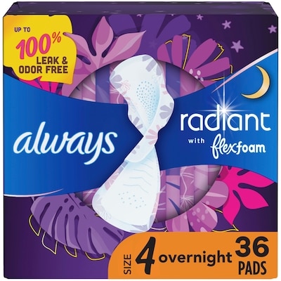 Always Radiant Overnight Feminine Pads for Women, Size 4 for Nighttime, with Wings, Light Clean Scent, 36 CT 36 ea, $0.64/1ea