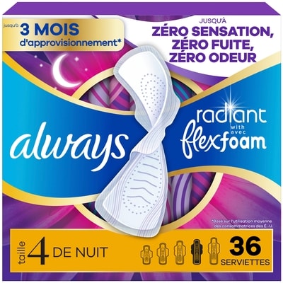 Always Serviettes Radiant avec FlexFoam, de nuit, avec ailes, taille 4, parfumées, 36 serviettes 36 ea, 0,53 $/1ch