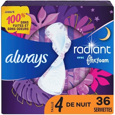 Always Serviettes Radiant, de nuit, avec ailes, pour femmes, taille 4, parfum net et léger, 36 serviettes 36 ea, 0,68 $/1ch