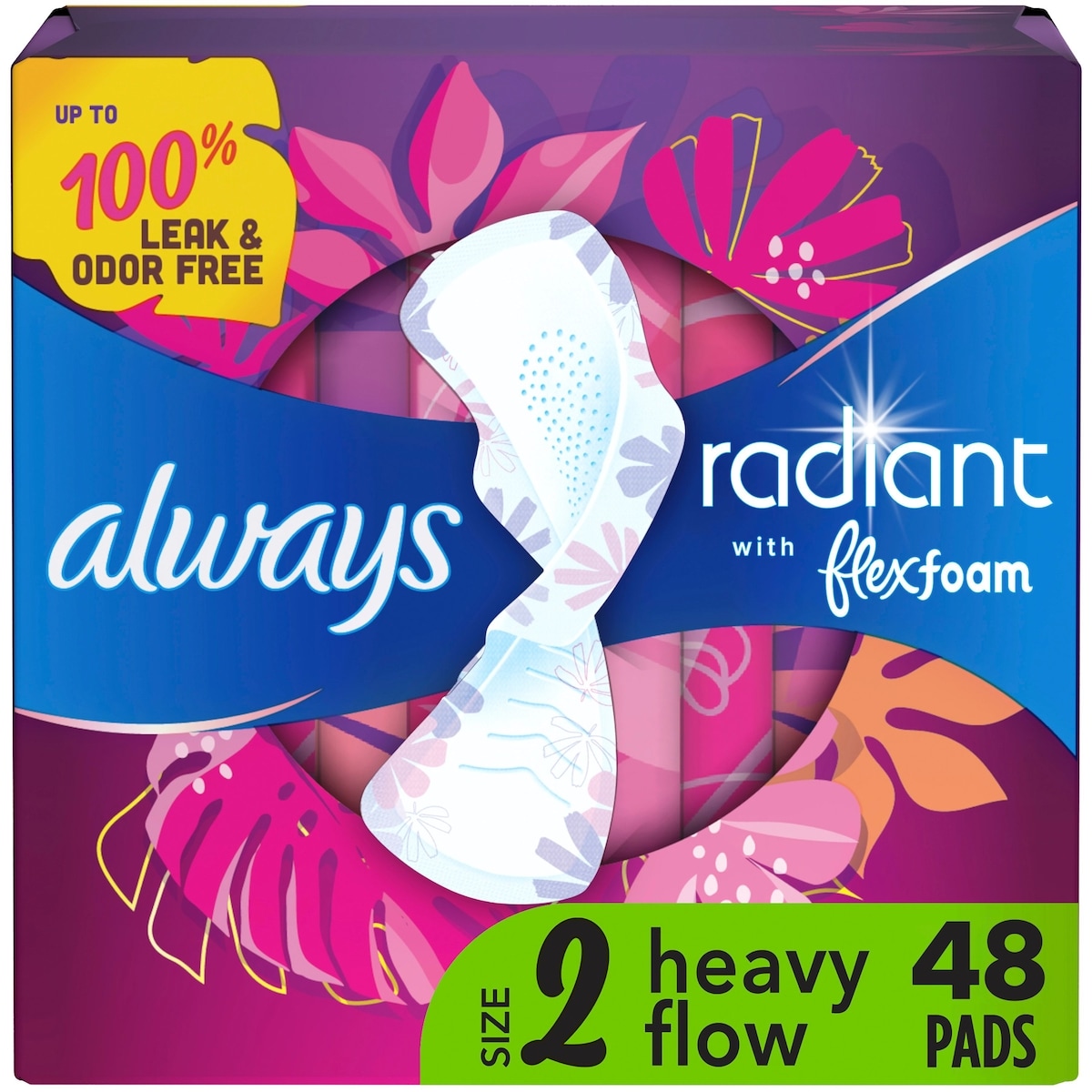 Always Radiant Feminine Pads for Women, Size 2 Heavy, with Wings, Scented, 48 CT 48 ea, $0.45/1ea