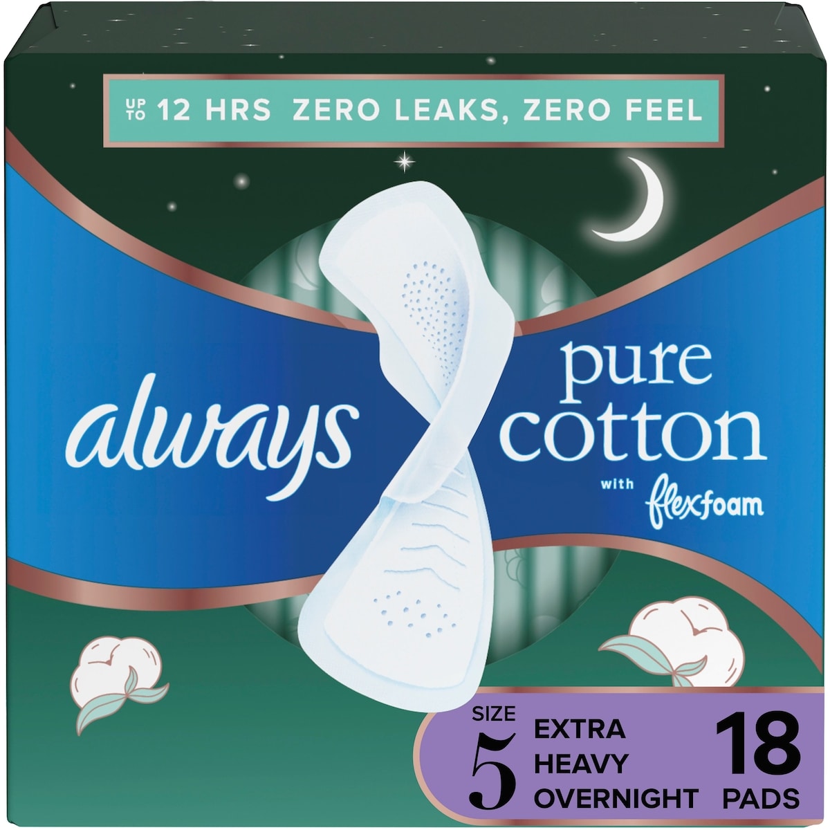Always Pure Cotton Feminine Pads for Women, Size 5, Extra Heavy Overnight, with wings, Unscented, 18 CT 18 ea, $0.78/1ea