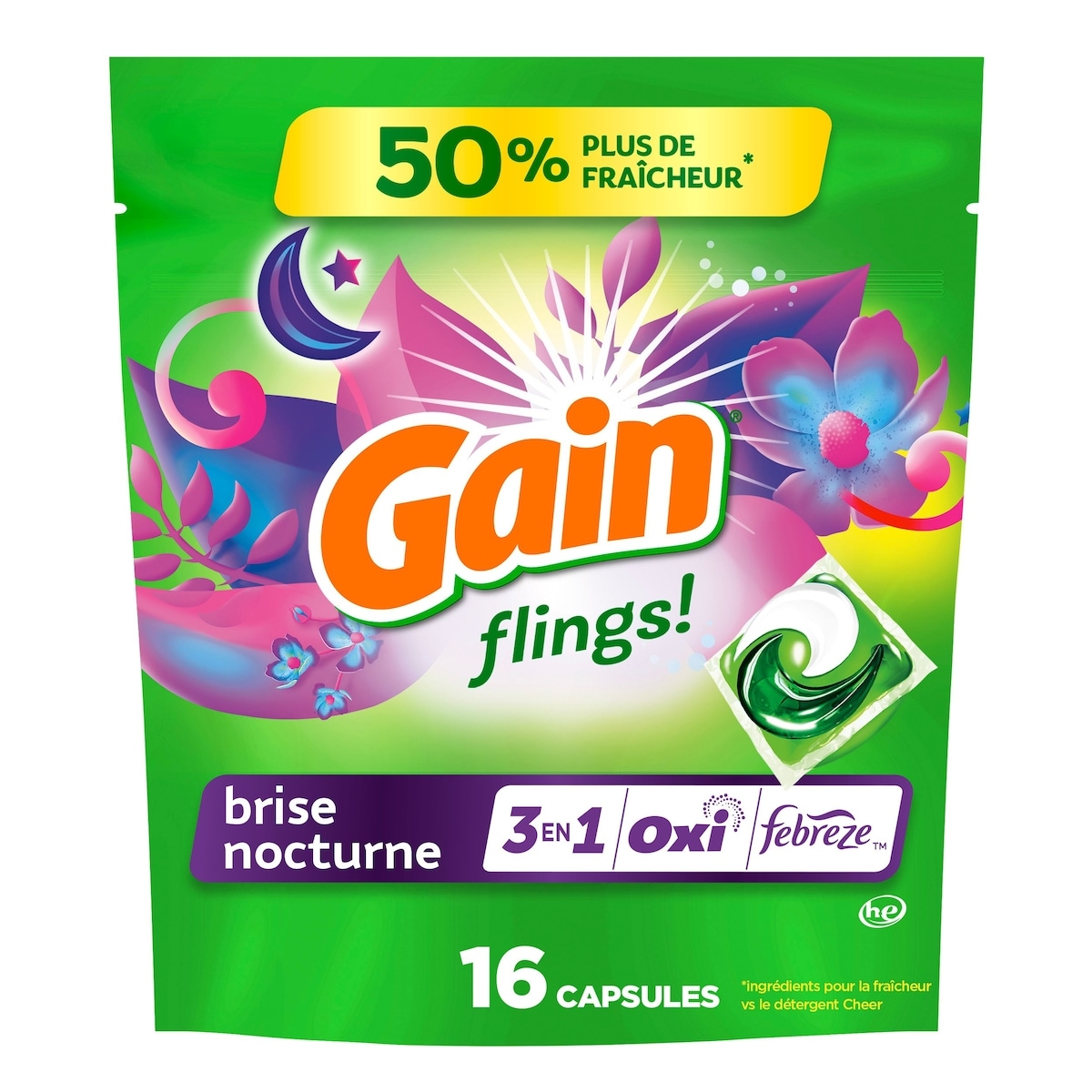 Gain Lessive en sachets avec amplificateurs d'arôme, parfum brise de lune, 16 sachets 16 ea, 0,44 $/1ch