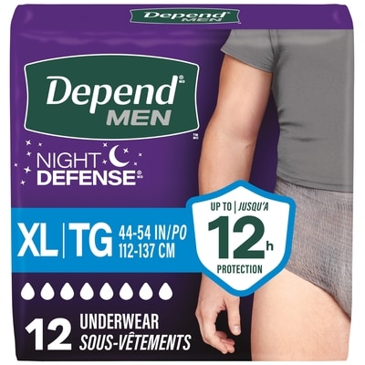 Depends Night Defense Adult Incontinence Underwear for Men, Disposable, Overnight, Extra-Large, Grey, 12 Count 12 ea, $1.58/1ea