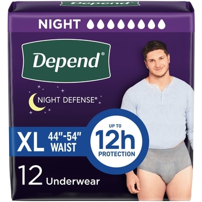 Depends Night Defense Adult Incontinence Underwear for Men, Disposable, Overnight, Extra-Large, Grey, 12 Count 12 ea, $1.63/1ea