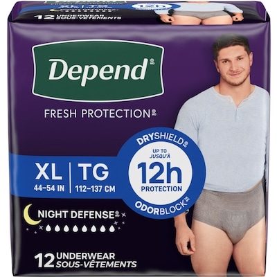 Depend Sous-vêtements d’incontinence pour adultes Night Defense pour hommes, jetables, de nuit, très grands, gris, 12 unités (l’emballage peut différer). 12 ea, 1,63 $/1ch