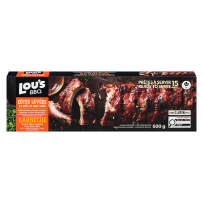 Lou’s Côtes levées de dos de porc tendres rôties lentement entièrement cuites en sauce barbecue 600 g, 2,42 $/100g