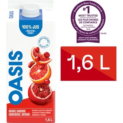 Oasis Jus d’orange sanguine, canneberge et grenade 1.6 l, 0,27 $/100ml