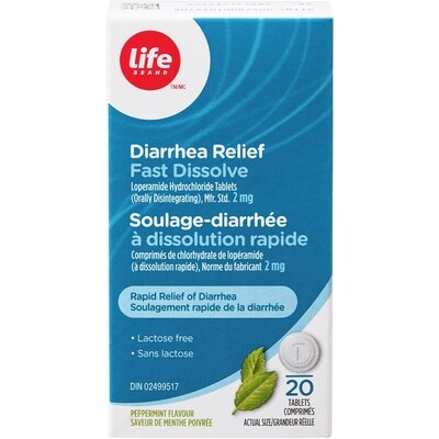 Life Soulage-diarrhée à dissolution rapide à saveur de menthe poivrée, 20 comprimés à 2 mg 20 ea, 1,05 $/1ch