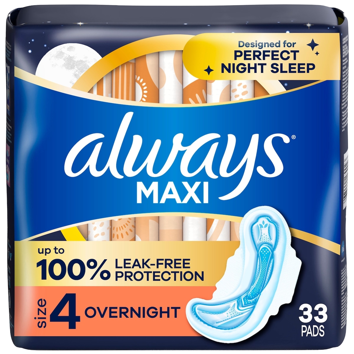Always Maxi Overnight Pads with Wings for Women, Size 4, Overnight Absorbency, Unscented, 33 Count 33 ea, $0.45/1ea
