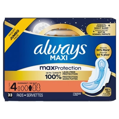 Always Serviettes Maxi, absorption de nuit, avec ailes, taille 4, 33 serviettes 33 ea, 0,42 $/1ch