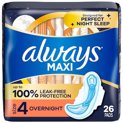 Always Maxi Overnight Pads with Wings for Women, Size 4, Overnight Absorbency, Unscented, 26 Count 26 ea, $0.50/1ea