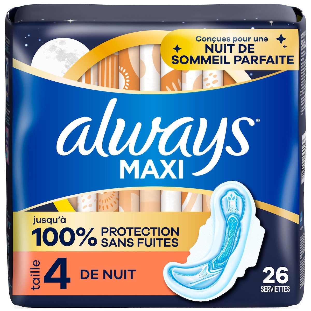 Always Serviettes Maxi de nuit, degré d’absorption de nuit, avec ailes, pour femmes, taille 4, non parfumées, 26 unités 26 ea, 0,54 $/1ch