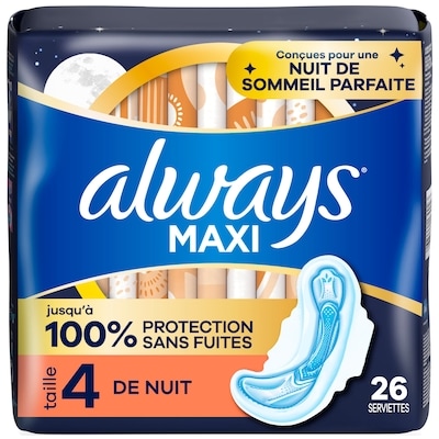 Always Serviettes Maxi de nuit, degré d’absorption de nuit, avec ailes, pour femmes, taille 4, non parfumées, 26 unités 26 ea, 0,60 $/1ch