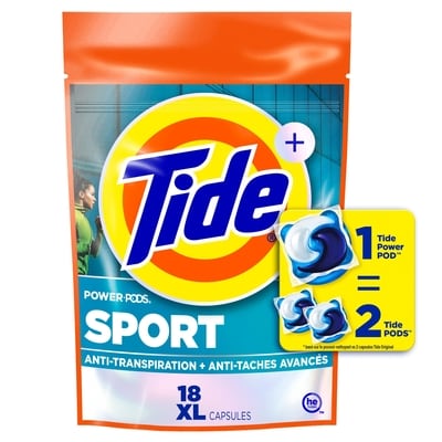 Tide Détergent en dosettes avec éliminateurs d'odeurs, Sport, 18 sachets 18 ea, 0,61 $/1ch