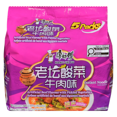 Kang Shi Fu Soupe aux nouilles arôme artificiel de bœuf aux légumes marinés 585 g, 1,03 $/100g
