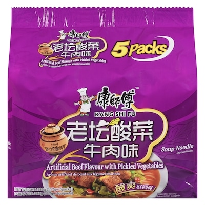 Kang Shi Fu Soupe aux nouilles arôme artificiel de bœuf aux légumes marinés 585 g, 1,02 $/100g