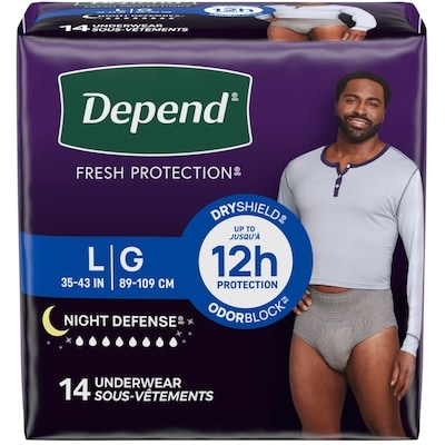 Depend Sous-vêtements d’incontinence pour adultes Night Defense pour hommes, jetables, de nuit, grands, gris, 14 unités (l’emballage peut différer). 14 ea, 1,57 $/1ch