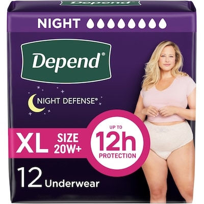 Depends Night Defense Adult Incontinence Underwear for Women, Disposable, Overnight, Extra-Large, Blush, 12 Count (Packaging May Vary) 12 ea, $1.83/1ea