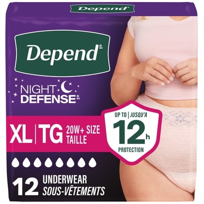 Depend Sous-vêtements d’incontinence et fuites urinaires post-partum pour femmes adultes Night Defense pour femmes, jetables, de nuit, taille XL, roses, 12 unités 12 ea, 1,67 $/1ch
