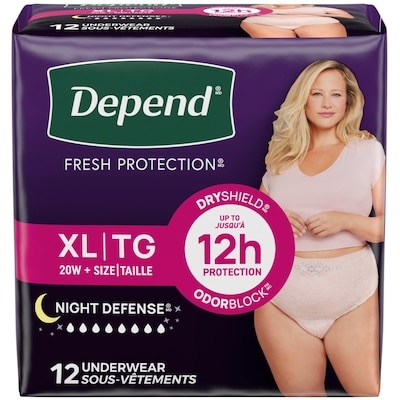 Depend Sous-vêtements d’incontinence pour adultes Night Defense pour femmes, jetables, de nuit, très grand, roses, 12 unités (l’emballage peut différer). 12 ea, 1,83 $/1ch