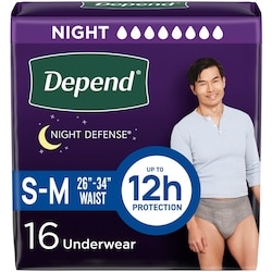 Night Defense Adult Incontinence Underwear for Men, Disposable, Overnight, Small/Medium, Grey, 16 Count