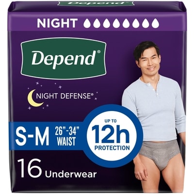 Depends Night Defense Adult Incontinence Underwear for Men, Disposable, Overnight, Small/Medium, Grey, 16 Count 16 ea, $1.37/1ea