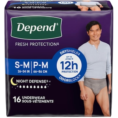 Depend Sous-vêtement d’incontinence pour adultes Night Defense pour hommes, jetables, de nuit, petits/moyens, gris, 16 unités (l’emballage peut différer). 16 ea, 1,37 $/1ch