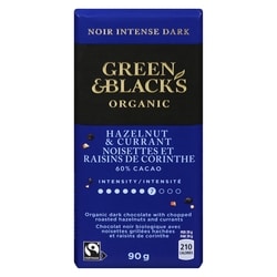 Green & Black’s Chocolat noir biologique avec noisettes grillées hachées et raisins de corinthe noir intense 90 g, 7,22 $/100g