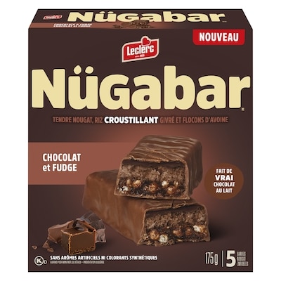 Leclerc Nügabar barres nougat enrobées chocolat et fudge 175 g, 2,45 $/100g