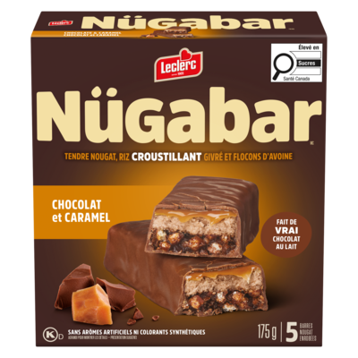 Leclerc Nügabar barres nougat enrobées chocolat et caramel 175 g, 1,71 $/100g
