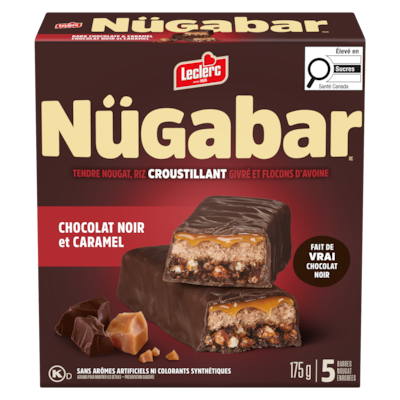 Leclerc Nügabar barres nougat enrobées chocolat noir et caramel 175 g, 2,45 $/100g