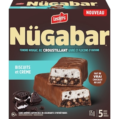 Leclerc Nügabar barres nougat enrobées biscuits et crème 175 g, 2,45 $/100g