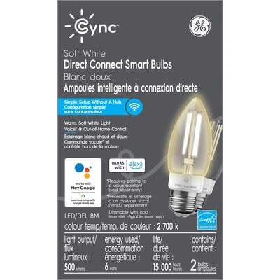 GE Ampoules décoratives intelligentes CYNC, blanc doux, compatibles Bluetooth et Wi-Fi, fonctionne avec Alexa et Google Assistant, aucun hub requis, équivalent 60 watts, base moyenne 2PK 1 ea, 40,00 $/1ch
