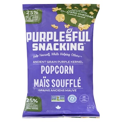 Maïs soufflé grains anciens mauve jalapeño cheddar saveur