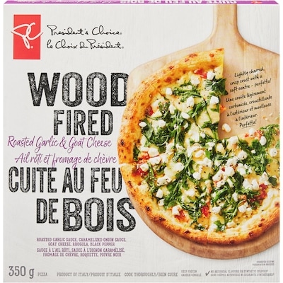 President's Choice Wood Fired Roasted Garlic & Goat Cheese Pizza  351 g, $1.71/100g